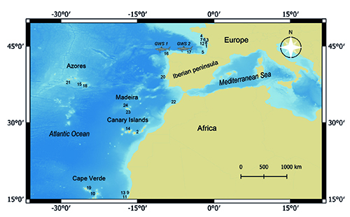 Mapa que muestra la ubicación de las islas Azores, Madeira, Canarias y Cabo Verde en el océano Atlántico junto a la península ibérica, el mar Mediterráneo, Europa y África.

Descripción generada con IA