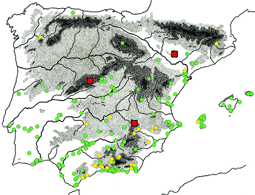 Mapa detallado de la península ibérica con puntos verdes y amarillos dispersos y cuadrados rojos que indican ubicaciones específicas sobre un fondo que muestra relieve montañoso.

Descripción generada con IA
