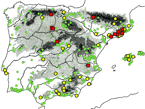 Mapa de España con puntos verdes, amarillos y cuadrados rojos distribuidos sobre áreas montañosas y llanas, posiblemente indicando diferentes tipos de datos geográficos o ambientales.

Descripción generada con IA