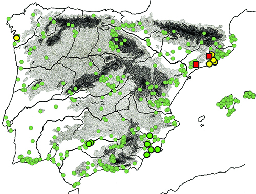 Mapa de la península ibérica con puntos verdes dispersos, algunas áreas sombreadas en negro que representan montañas y varios símbolos amarillos y rojos concentrados en la costa noreste.

Descripción generada con IA